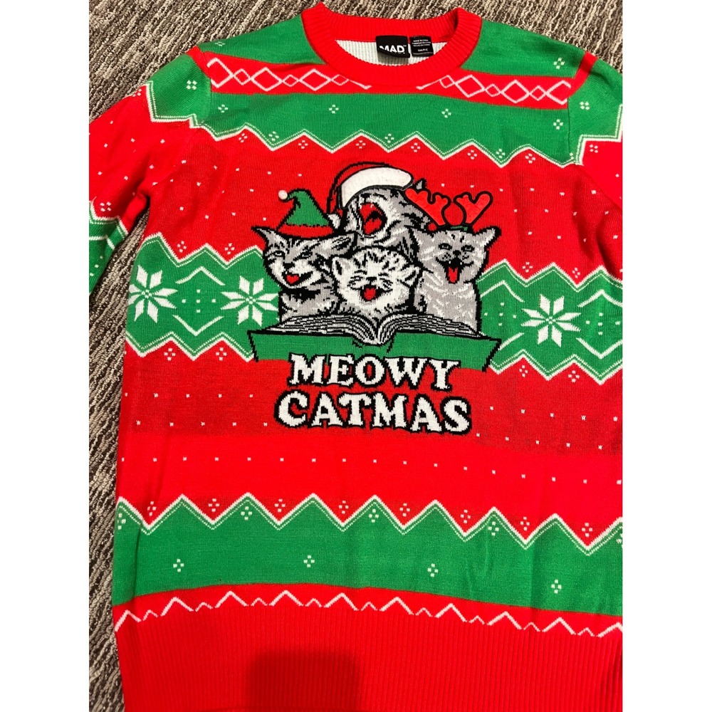 Mad Engine Meowy Catmas Christmas Sweater Red Green Kittens Small